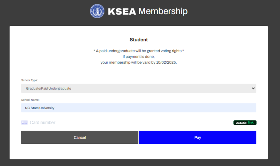 Student Payment Screen